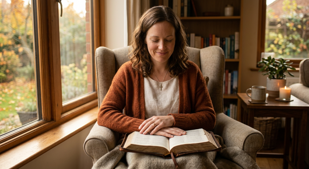is it a sin to have anxiety Christian person sitting with open Bible in warm light