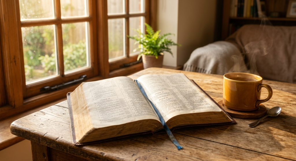 psalms for anxiety open Bible with warm golden morning light on wooden table