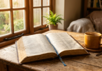 psalms for anxiety open Bible with warm golden morning light on wooden table